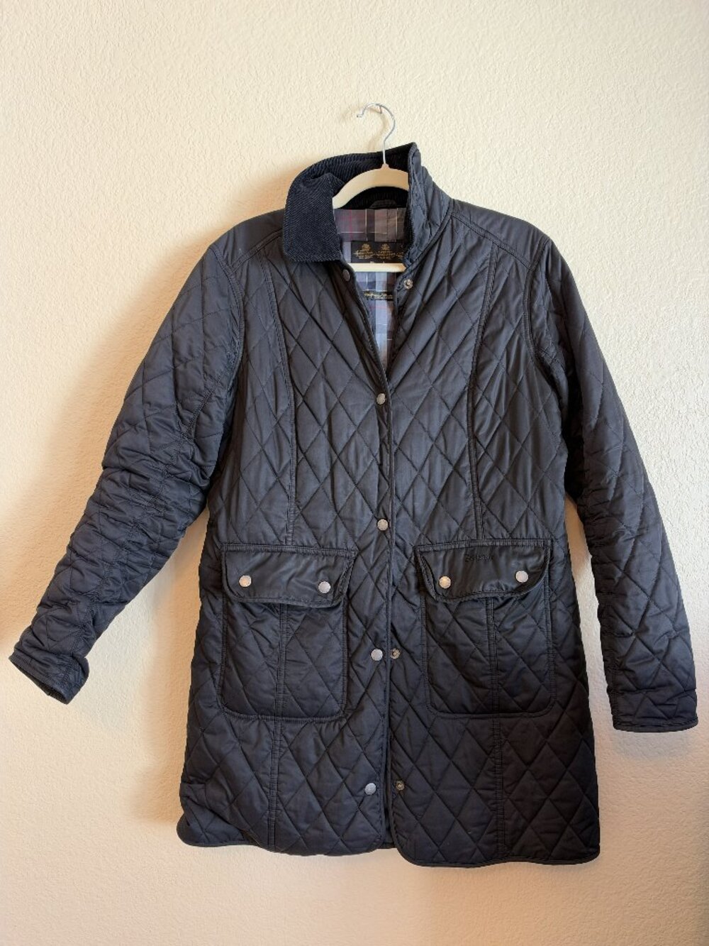 Vintage Barbour Women's Quilted Jacket Navy Tartan Lined, Fits Like M